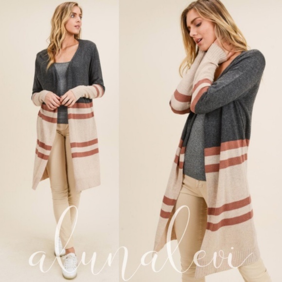 Charcoal Color block cashmere blend long cardigan Work Office - Picture 4 of 5